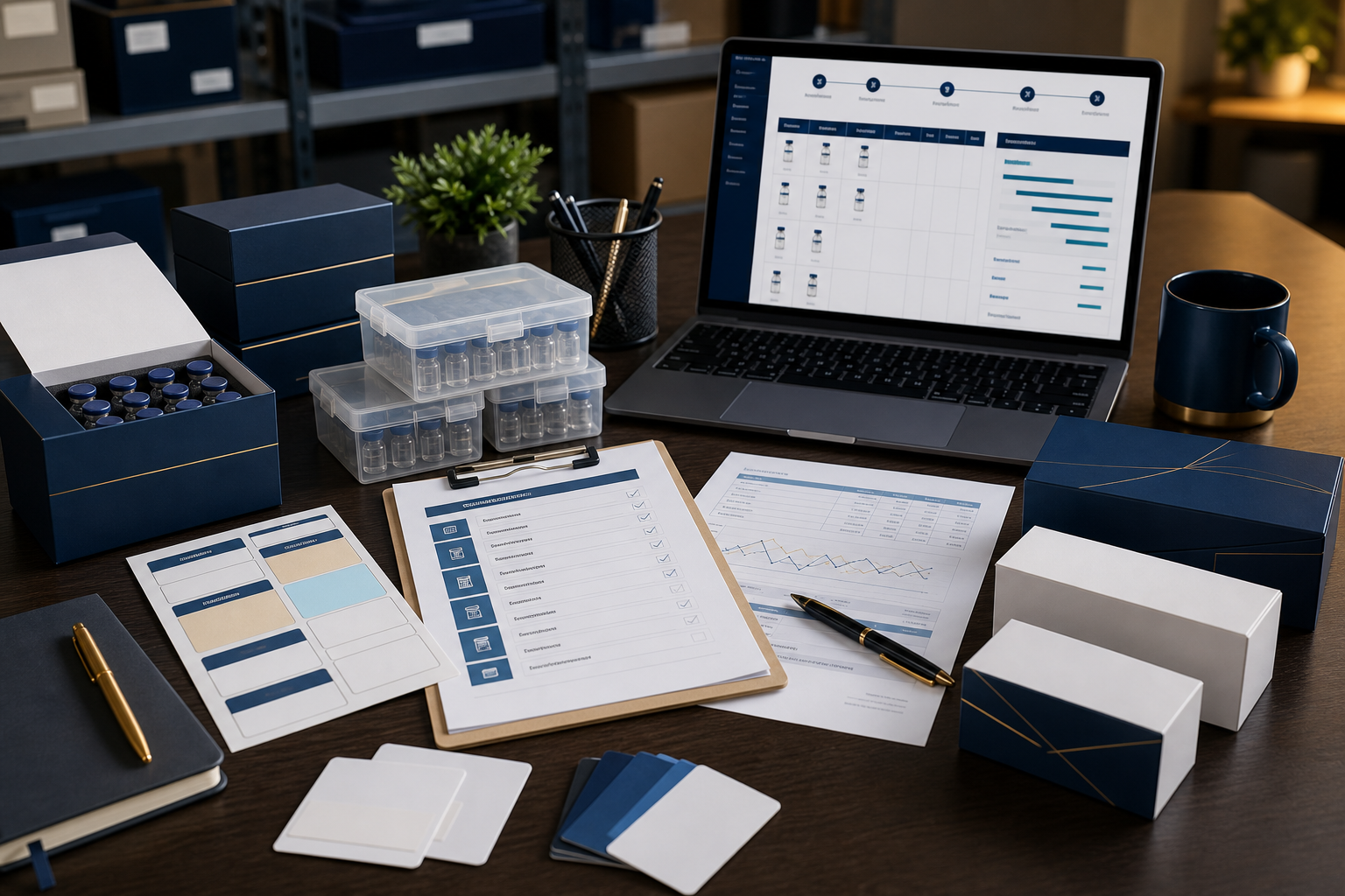 Peptide distributor workspace with first-order inventory planning, packaging samples and supplier verification documents