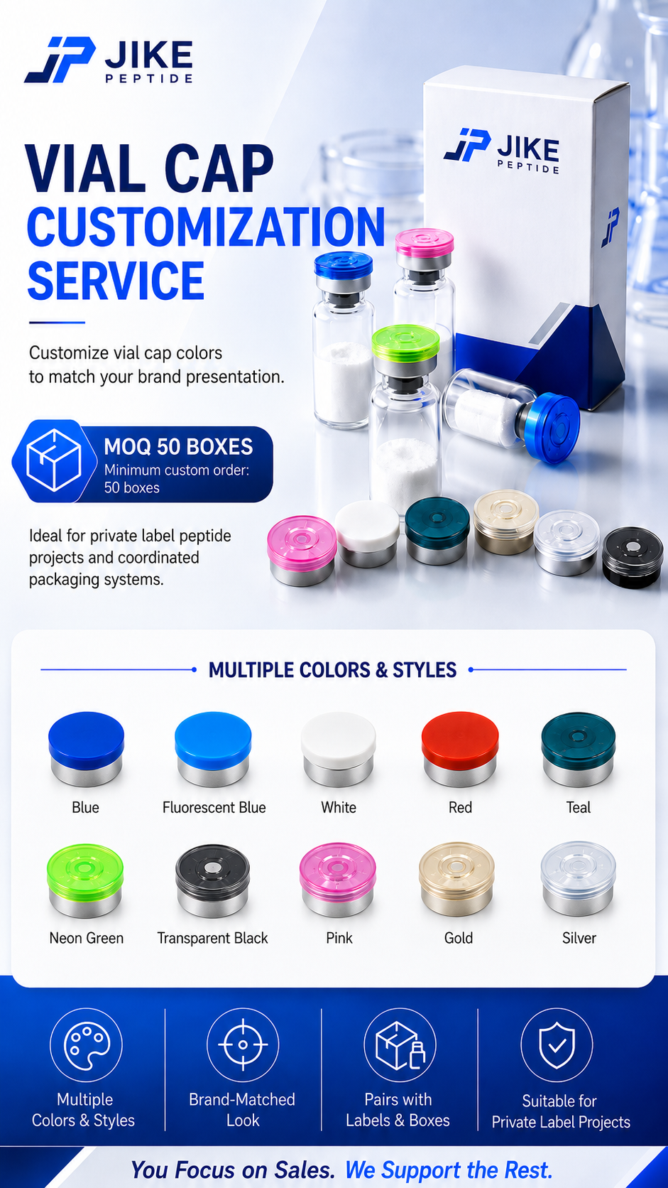 Custom vial cap colors and styles for private-label packaging