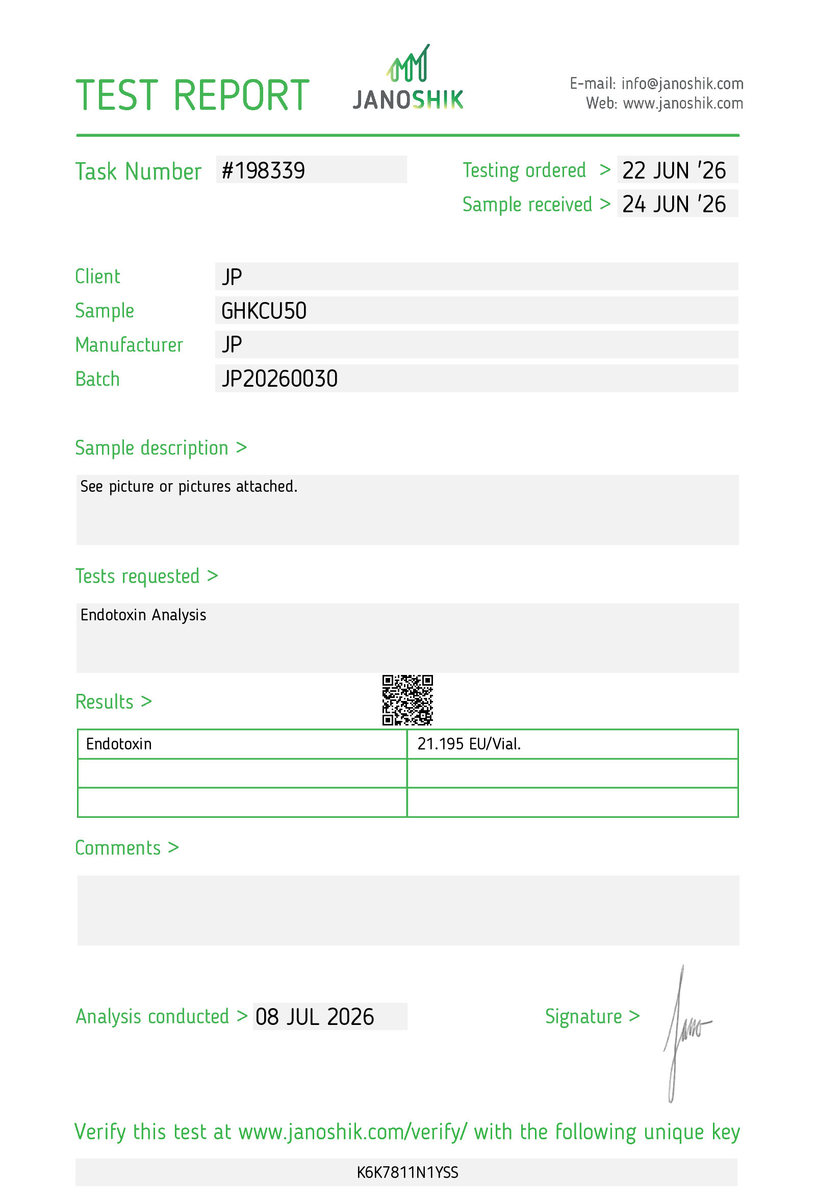 Janoshik endotoxin report